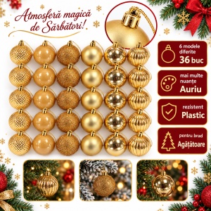 Set de 36 globulete de brad aurii, din plastic, modele diverse in set , 30 x 15 cm