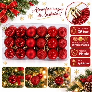 Set de 36 globulețe de brad roșii, modele diverse, din plastic, cu agățătoare aurie, 29 × 15 cm - Img 2