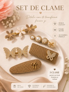 Set de 5 Clame de Păr , model fluturi si perle, Accesorii Elegante - Img 2
