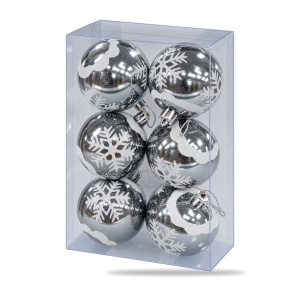 Set de 6 globuri de Crăciun argintii, din plastic, model cu fulgi albi cu sclipici, 21×15 cm - Img 3