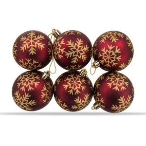 Set de 6 globuri de Crăciun, bordo cu fulgi aurii, din plastic, 7 cm - Img 3