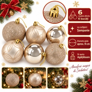 Set de 6 globuri de Crăciun, Champagne, din plastic, modele diferite cu sclipici, 7cm - Img 7