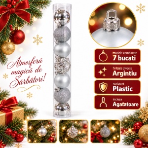 Set de 7 globuri de Crăciun argintii, modele asortate in set, din plastic, 7 cm - Img 2