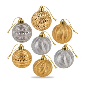 Set de 7 globuri de Crăciun, din plastic, auriu și argintiu, modele diverse, 6 cm - Img 3