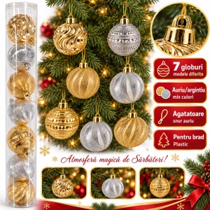 Set de 7 globuri de Crăciun, din plastic, auriu și argintiu, modele diverse, 6 cm - Img 5
