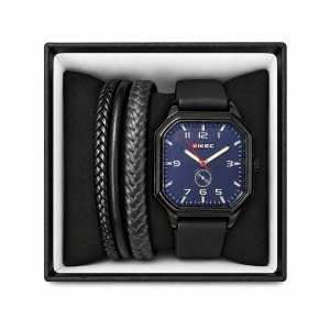 Set format din ceas si doua bratari barbati cadran albastru curea neagra Roxe