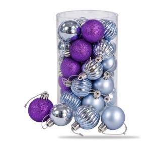 Set globuri de Crăciun 34 bucăți, albastru și mov, modele diverse, plastic, 26 × 16 cm - Img 2