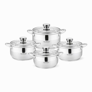 Set oale din oțel inoxidabil cu capace din sticlă, 8 piese, compatibil inducție