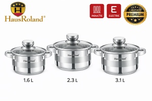 Set oale HausRoland din oțel inoxidabil cu capace din sticlă, 3 piese, compatibil inducție - Img 2