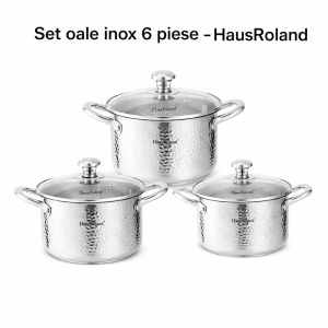Set oale HausRoland din oțel inoxidabil texturat cu capace din sticlă, 6 piese - Img 2