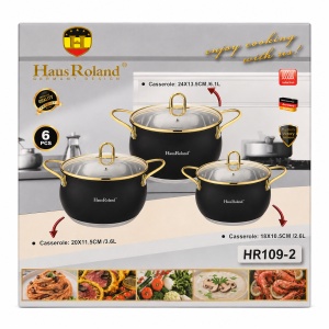 Set oale inox HausRoland 6 piese negre cu auriu, capace sticla, 2.6L–6.1L