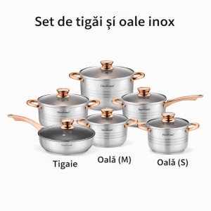 Set tigăi și oale din inox cu capace din sticlă, 10 piese, compatibil inducție, Argintiu cu bronze - Img 3