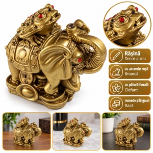 Statuetă Feng Shui elefant cu broască, monede și lingouri, rășină aurie, aprox. 11 × 9,5 × 7 cm