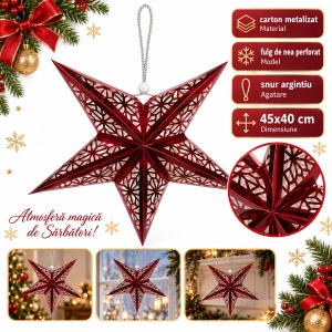 Stea agățătoare de Crăciun din carton metalizat roșu, aprox. 45 × 40 cm