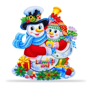 Sticker decorativ de Craciun cu oameni de zapada, pentru geam sau vitrina, text La multi ani