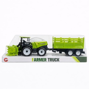 Tractor jucărie verde cu remorcă, din plastic, manevrare manuală