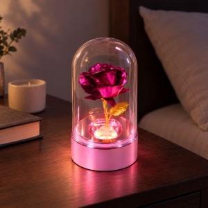 Trandafir Decorativ Mov in Cupola cu lumini LED, cu tulpina aurie, 15,5 cm - Img 3