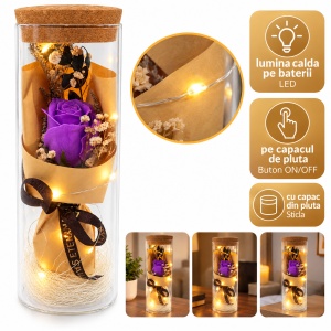 Trandafir mov de săpun în cupolă de sticlă cu lumini LED, buton ON/OFF, 25 cm