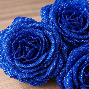Trandafiri artificiali cu sclipici, set 30 bucăți, albastru-închis, plastic, 8cm - Img 4