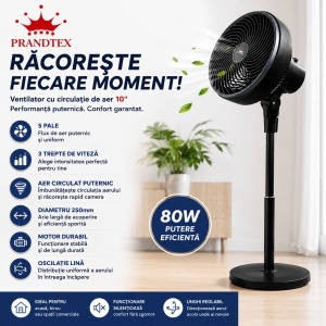 Ventilator cu Picior 10 Inch, negru , 80W, 3 Trepte de Viteză, Oscilație, Circulație Puternică a Aerului - Img 2