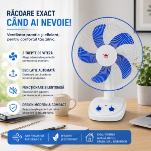 Ventilator de birou 40 cm, 60W, 220V, 50Hz, Oscilație automată, 3 viteze, Funcționare silențioasă - Img 2