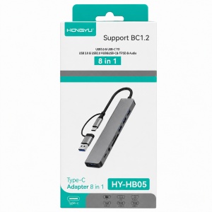 Adaptor USB Type-C 8 în 1 HY-HB05 – Hub USB-C cu USB 3.0, Cititor Card TF/SD și Jack Audio