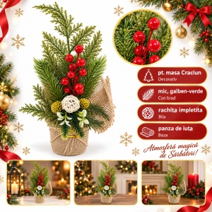 Aranjament decorativ de Crăciun cu con de brad, bilă din răchită și iută, 23x8 cm