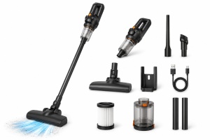 Aspirator vertical fara fir 2 in 1, puternic, portabil, cu accesorii, negru