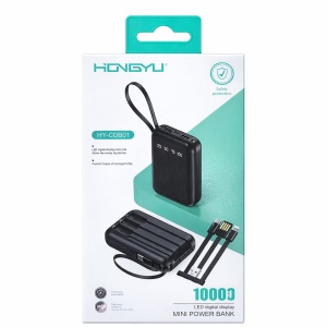 Baterie externă mini Hongyu 10000 mAh cu display LED, cabluri integrate și încărcare rapidă