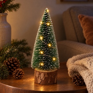 Brăduț decorativ cu LED, bază din lemn natural, verde cu vârfuri albe, 15x6cm - Img 3