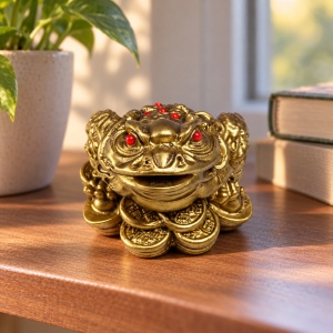 Broasca Feng Shui cu bănuți, statueta decorativa din ceramică, auriu, 6,5x5,5 cm - Img 3