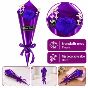 Buchet decorativ cu trandafir mov din sapun, cu funda satinata, 35 cm
