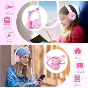 Casti wireless Bluetooth cu urechi de pisica LED, pliabile, pentru copii si adulti, roz - Img 4