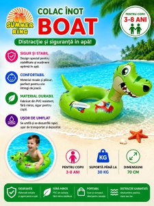 Colac gonflabil copii Boat Dino, 70 cm, model dinozaur verde, pentru piscină și plajă - Img 2