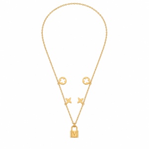 Colier ROXE Golden Lock Elegance – lanț dublu cu simboluri și pandantiv lacăt, design premium, 45 cm