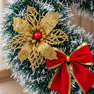 Coroniță Crăciun, verde cu alb, Merry Christmas, fundițe și flori aurii, 38 cm, plastic - Img 3