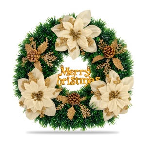 Coroniță de Crăciun cu flori aurii, conuri de pin și inscripție Merry Christmas, 34 x 30 cm - Img 2