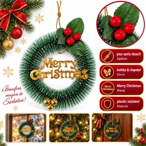 Coroniță de Crăciun Merry Christmas, verde, plastic, 15 cm, aprox. 21 × 17 cm cu decor - Img 5