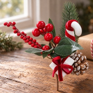 Crenguță decorativă de Crăciun cu fructe roșii, con de brad, baston și fundă catifea, 20cm - Img 4