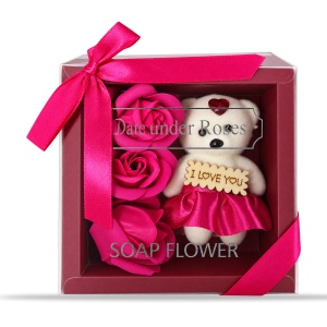 Decoratiune cadou cu 3 trandafiri din săpun și ursuleț I LOVE YOU, roz inchis, cu fundita, 20cm - Img 2