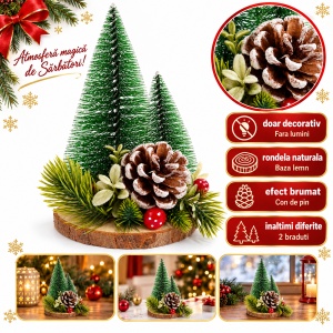 Decoratiune de Craciun brad cu con de pin, baza din lemn natural, 19x11 cm