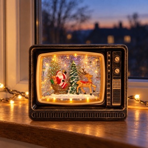 Decorațiune de Crăciun, model televizor retro cu lumini LED și muzică, 19,5 cm - Img 3