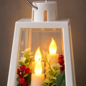Felinar decorativ de Crăciun cu lumânări LED și decor floral, plastic alb, 24x9 cm - Img 4