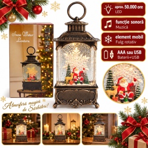 Felinar decorativ de Crăciun cu lumini LED si muzica, model cu Fulg de Nea Rotativ, 23x10 cm