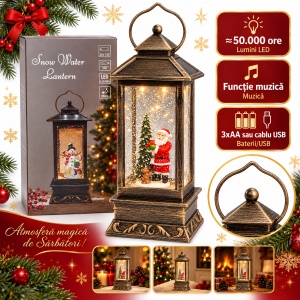 Felinar decorativ de Crăciun cu lumini LED și muzică, model cu Moș Crăciun, 28x10 cm