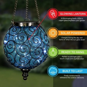 Felinar solar decorativ de grădină LED, sticlă albastră și metal, 15 LED-uri - Img 2