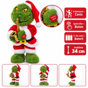 Figurină Grinch cu saxofon, cântă și dansează, pluș și plastic, aprox. 34 x 18 cm
