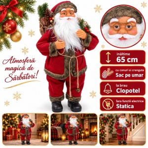 Figurină Moș Crăciun cu sac și clopoței, roșu, plastic și material textil, 65 cm - Img 2