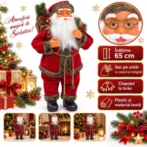 Figurină Moș Crăciun cu sac și clopoței, roșu, plastic și material textil, 65 cm