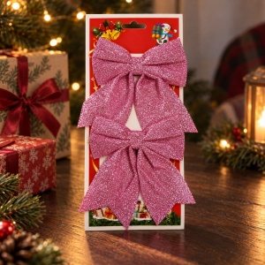 Fundă decorativă de Crăciun cu sclipici, 2 fundițe roz, 20 x 14 cm - Img 3